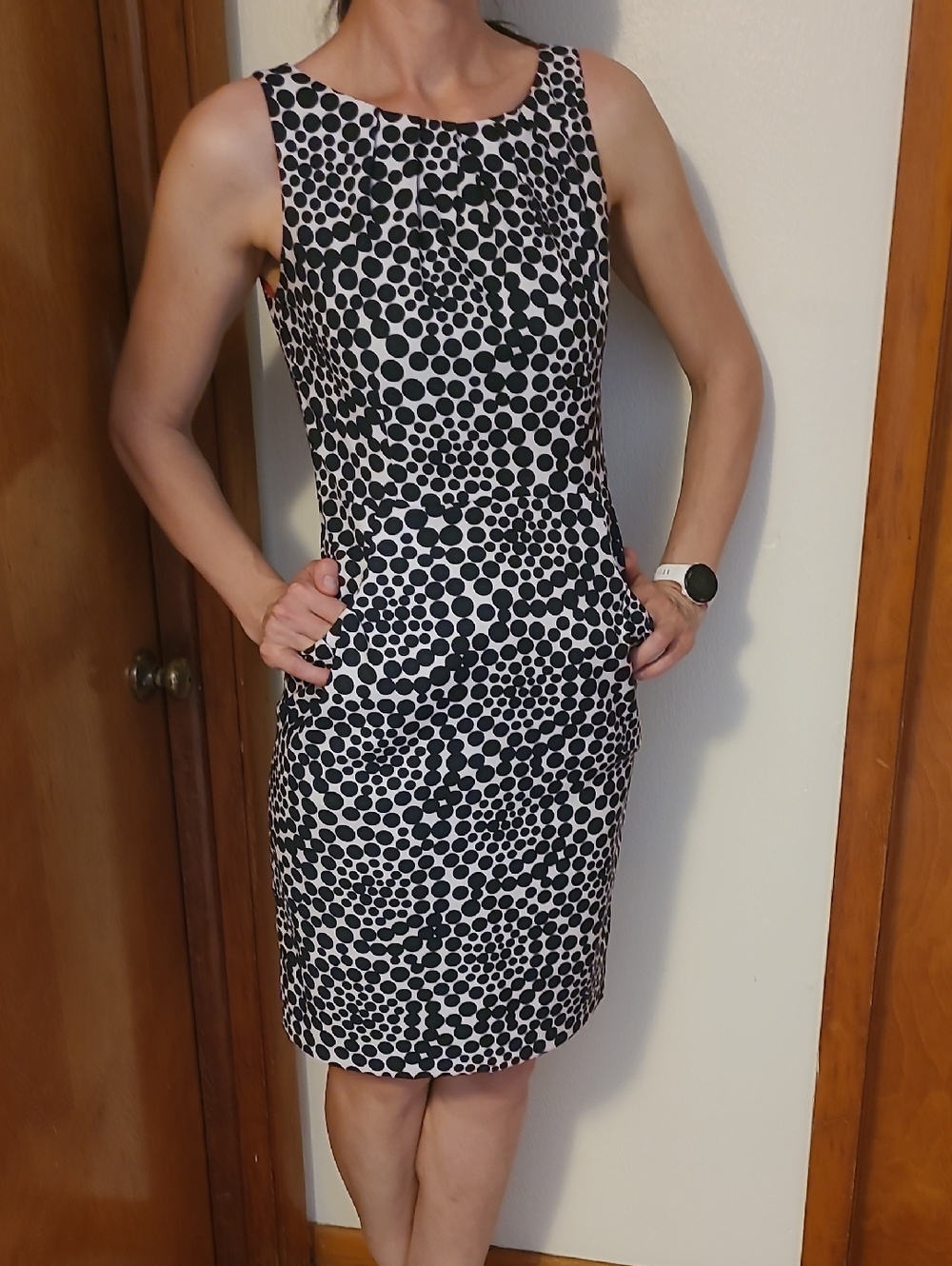 London Times Black and White Polka Dot Midi Dress With Pockets